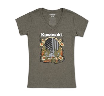 Kawasaki Women's Sunflower Flag V-Neck Tee model